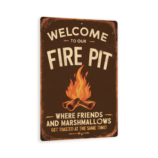 Vintage-Style "Welcome To Our Fire Pit" Metal Sign - Rustic Outdoor Decor With Roaring Fire Illustration, 8"x 12"