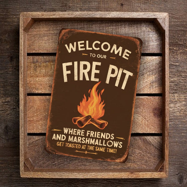 Vintage-Style "Welcome To Our Fire Pit" Metal Sign - Rustic Outdoor Decor With Roaring Fire Illustration, 8"x 12"