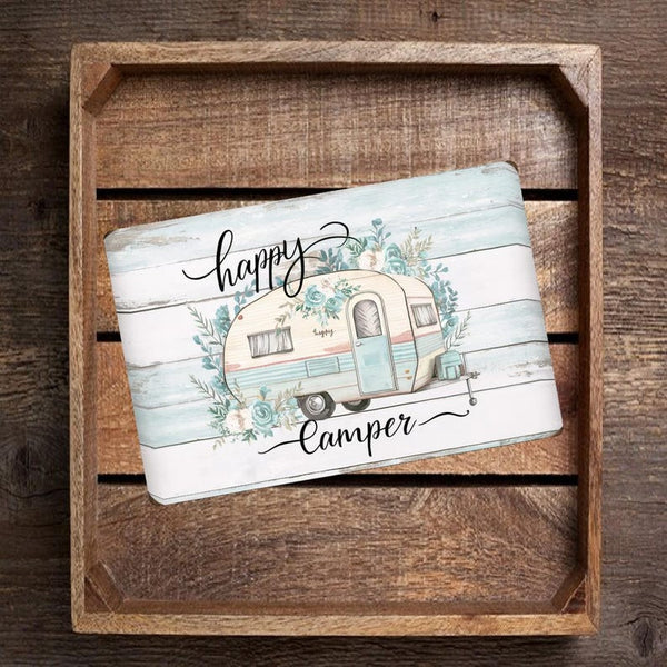 "Happy Camper" Metal Sign - Blue And White Camper With Floral Decorations And Rustic 8x12