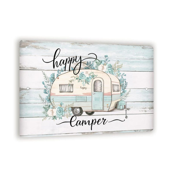 "Happy Camper" Metal Sign - Blue And White Camper With Floral Decorations And Rustic 8x12