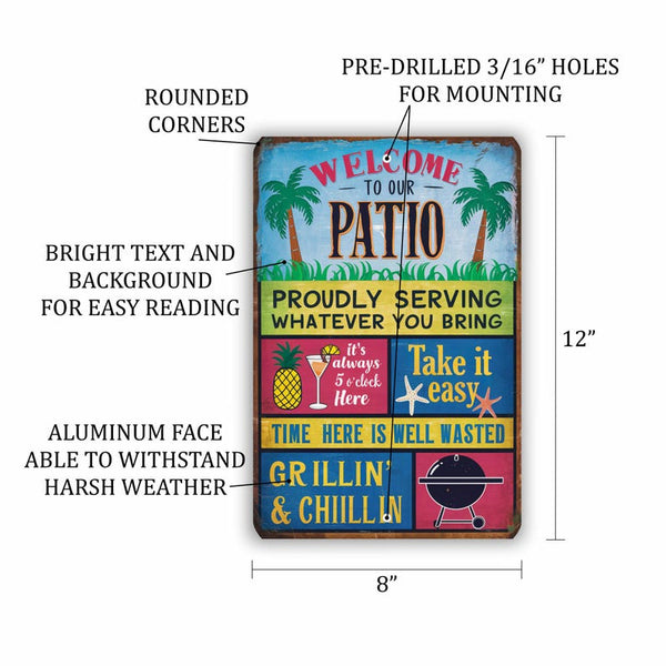 Colorful Outdoor Sign - "Welcome To Our Patio" - Vibrant Patio Decor With Tropical Graphics And Fun Messages 8x12