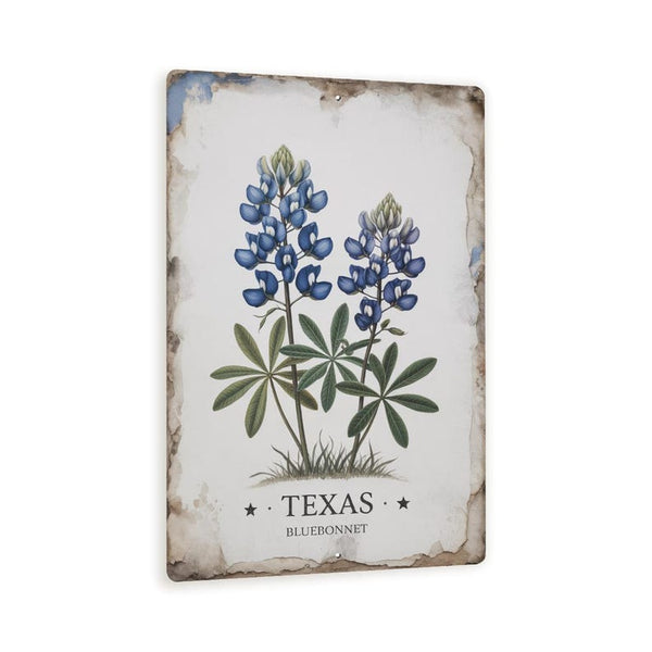 Texas Bluebonnet Sign – 8x12 Vintage Botanical Metal Wall Art, Rustic State Flower Deco, Garden Plaque
