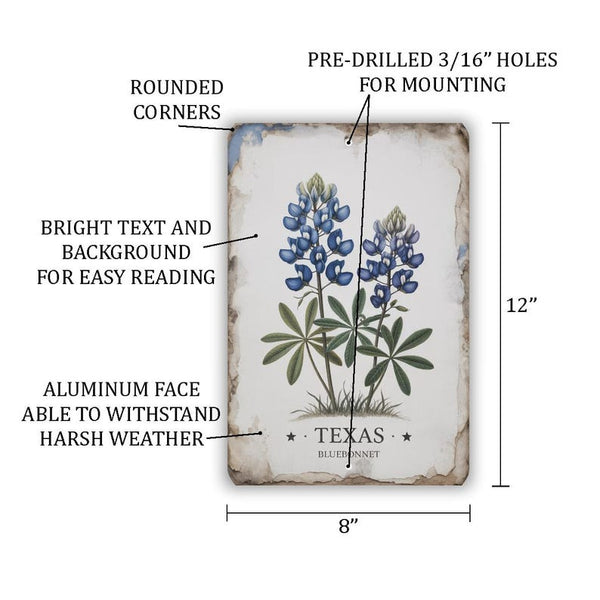 Texas Bluebonnet Sign – 8x12 Vintage Botanical Metal Wall Art, Rustic State Flower Deco, Garden Plaque