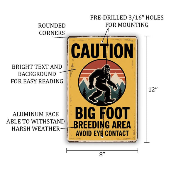 Caution Bigfoot Breeding Area Sign – Funny Sasquatch Warning Metal Wall Art With Vintage Yellow Distressed 8x12
