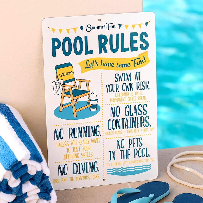8x12 Funny Pool Rules Sign - 'Summer Fun' With Playful Swimming Guidelines - Humorous Indoor/Outdoor Decor