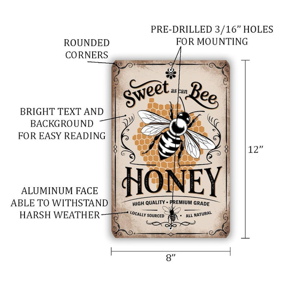 Sweet As Can Bee Honey Sign – Vintage-Style Metal Wall Art With Honeycomb, Bee & Rustic Label, Locally Sourced Decor 8x12