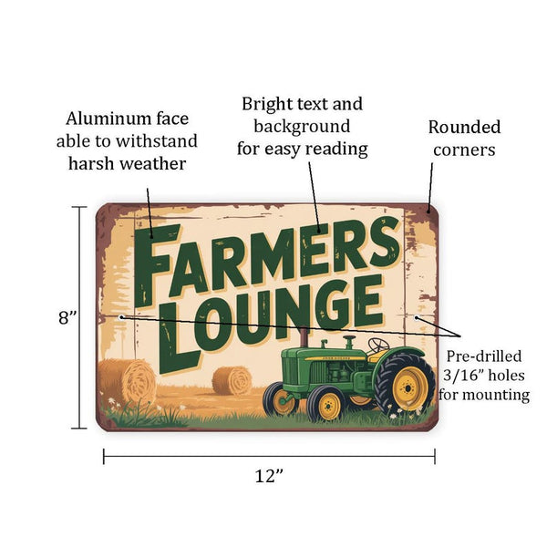 Vintage “Farmers Lounge” Metal Sign – Rustic Tractor Wall Art With Green Style Design, 8x12