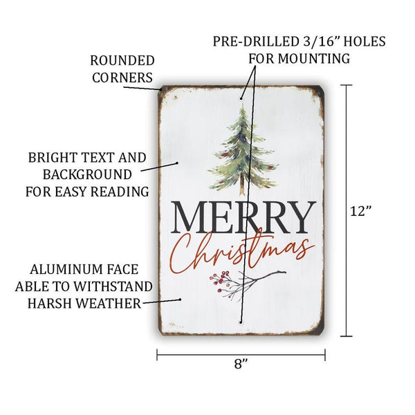 Rustic Merry Christmas Tree Metal Sign – Farmhouse Holiday Wall Art With Watercolor Tree & Red Script Text