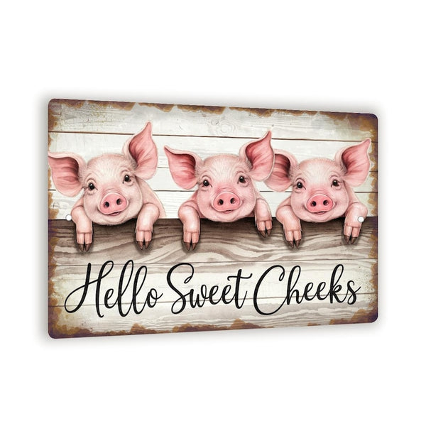Hello Sweet Cheeks Pig Sign – Vintage Farmhouse Wall Decor With Three Watercolor Pigs, Rustic Metal Sign 8x12