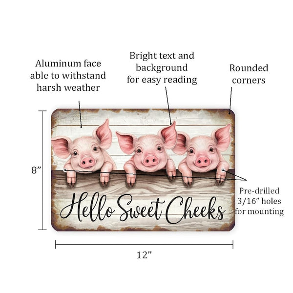 Hello Sweet Cheeks Pig Sign – Vintage Farmhouse Wall Decor With Three Watercolor Pigs, Rustic Metal Sign 8x12