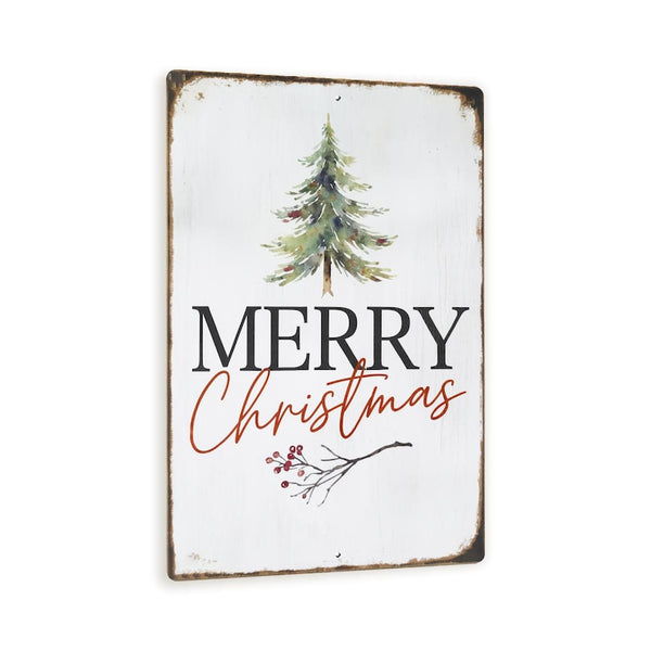 Rustic Merry Christmas Tree Metal Sign – Farmhouse Holiday Wall Art With Watercolor Tree & Red Script Text