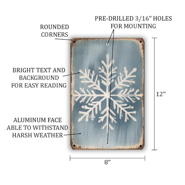 Rustic Snowflake Metal Sign – Vintage Winter Wall Art With Distressed Blue-Gray Background, 8x12