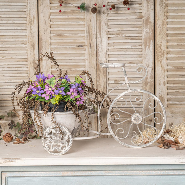 Vintage Bicycle Plant Stand – Metal Planter Basket Handcrafted Rustic Farmhouse Decor for Indoor Outdoor Use – Shabby Chic Flower Holder – No Assembly Required