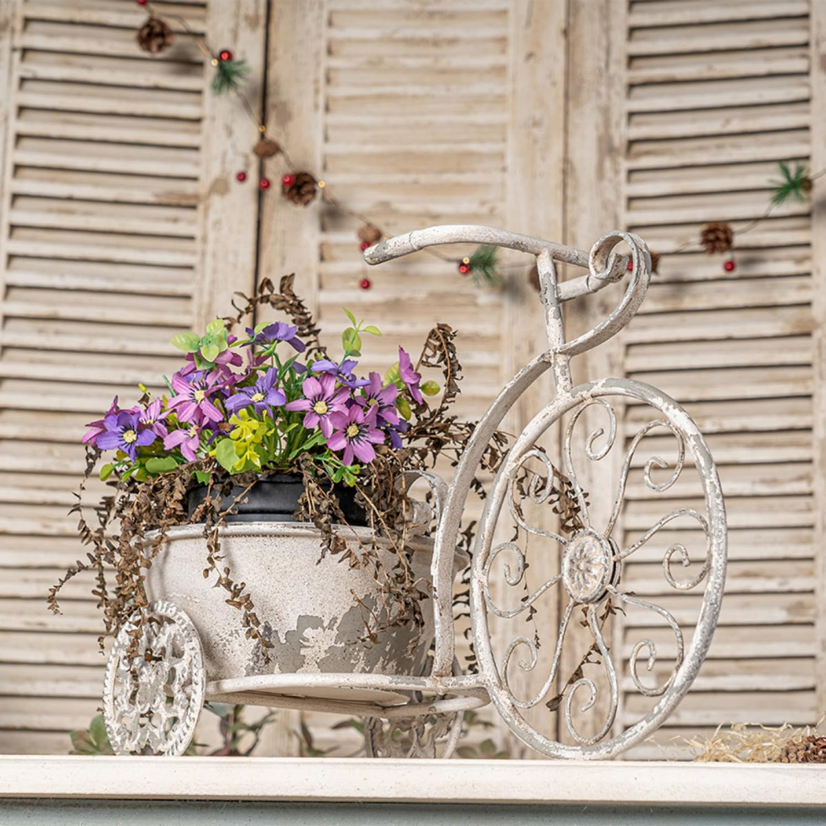 Vintage Bicycle Plant Stand – Metal Planter Basket Handcrafted Rustic Farmhouse Decor for Indoor Outdoor Use – Shabby Chic Flower Holder – No Assembly Required