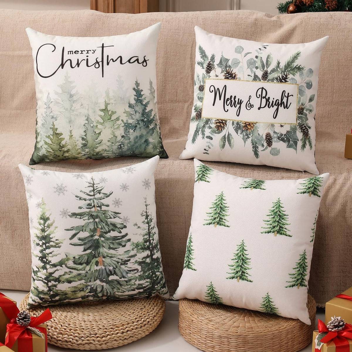 Christmas Pillow Covers 18"x18" Set of 4,&nbsp; Cute Christmas Patterns, Tree, Merry Christmas