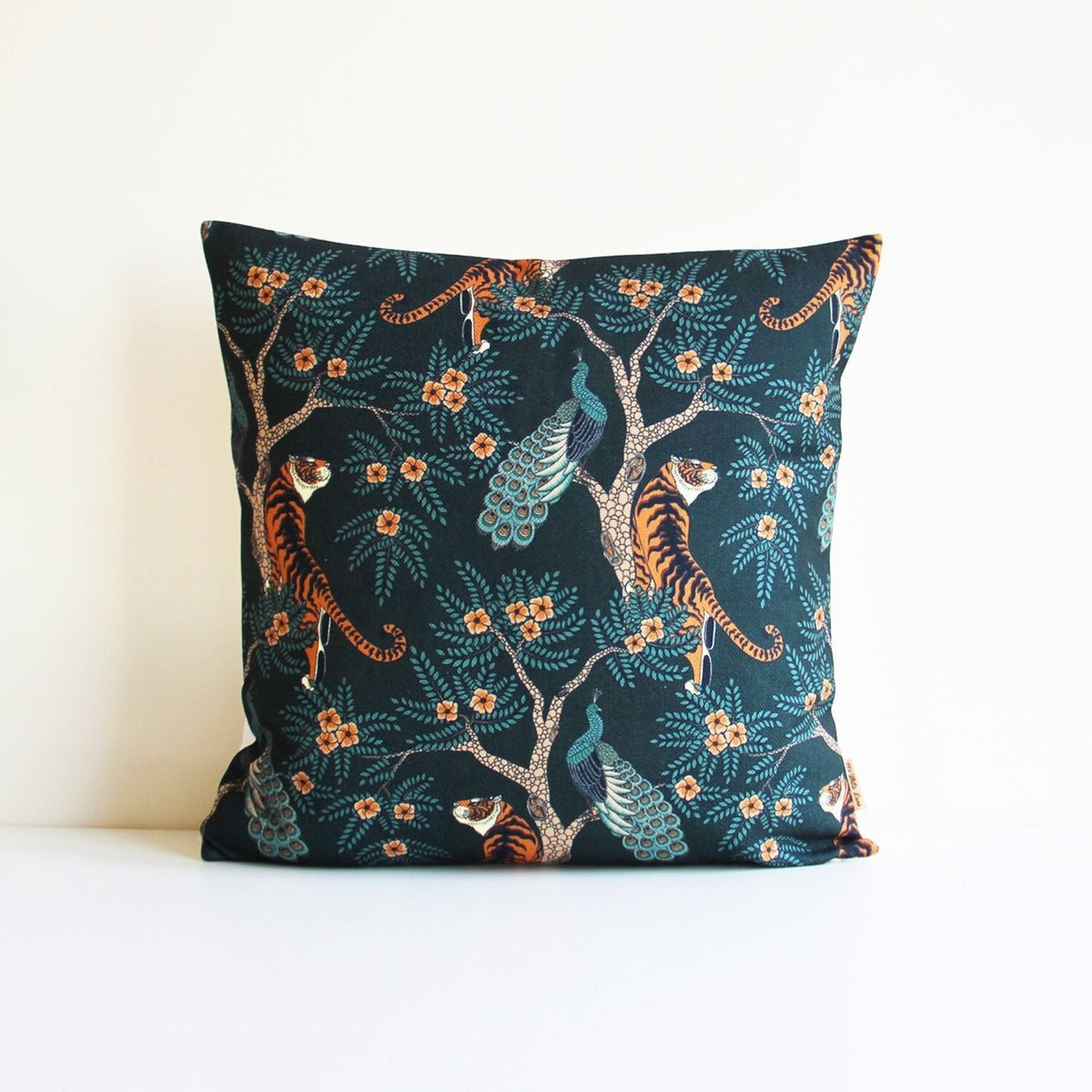 Emerald Green Tiger and Peacock Throw Pillow Cover 18x18, Tropical Pillow Case Jungle Animal Cushion Cover Gifts
